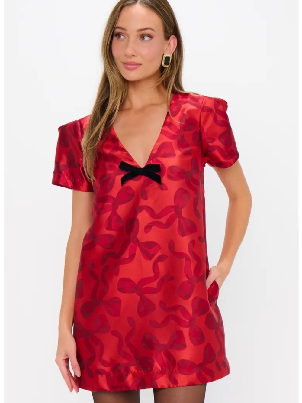 SHOW ME YOUR MUMU Red Satin V-Neck Jeanette Mini Dress with Velvet Bow $178